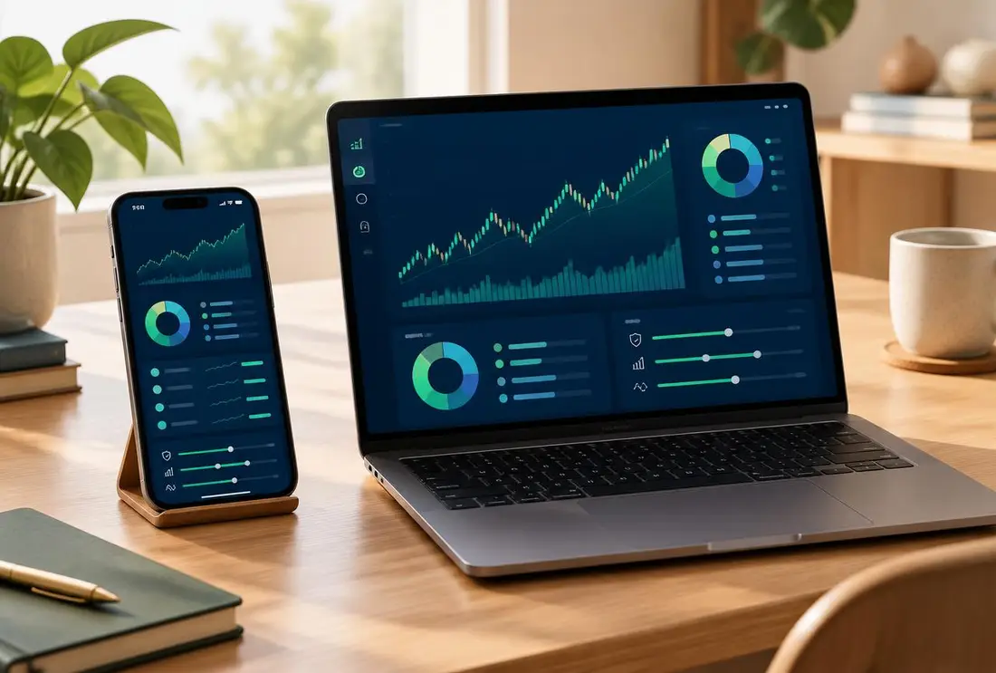 Vaultimary trading app dashboard on laptop and smartphone showing market charts, portfolio allocation and risk controls